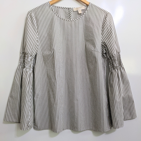 MICHAEL KORS Vertical Striped Blouse Bell Long Sleeve Brown Green White Medium - Picture 1 of 10